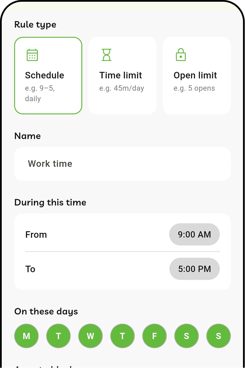 Beave rule editor showing schedule, time limit and open limit rule types
